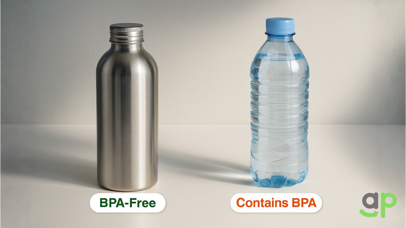 A plastic cup placed next to an aluminum bottle, illustrating the contrast between plastic waste and eco-friendly, recyclable packaging.