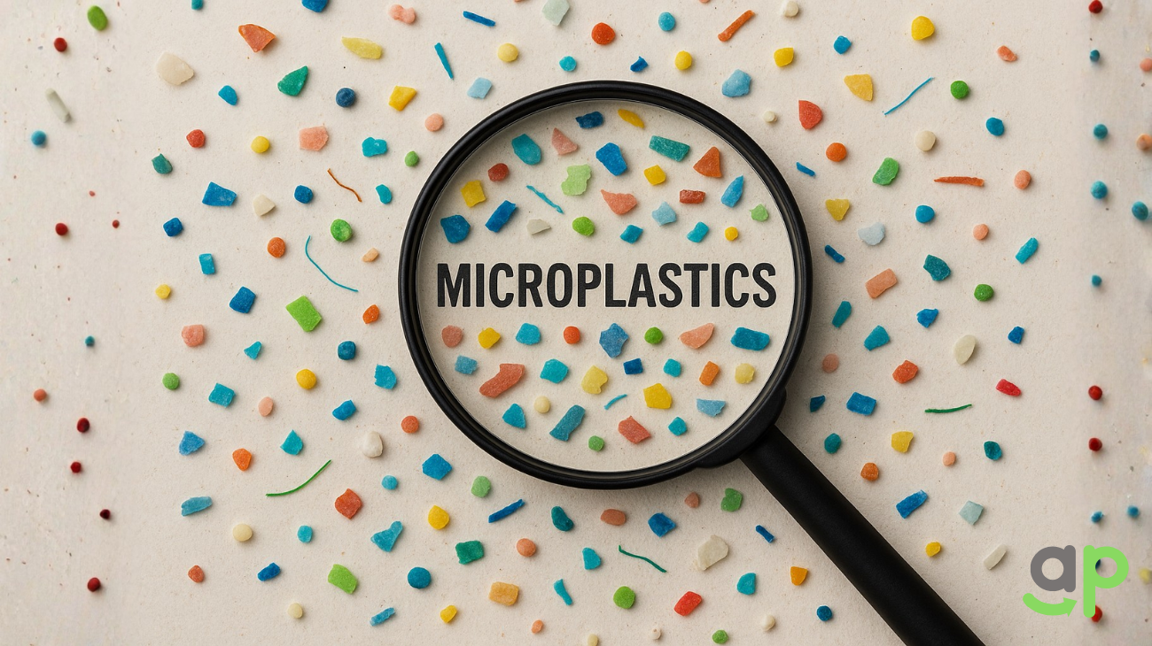 Concept image showing human hands holding magnifier showing visible microplastic