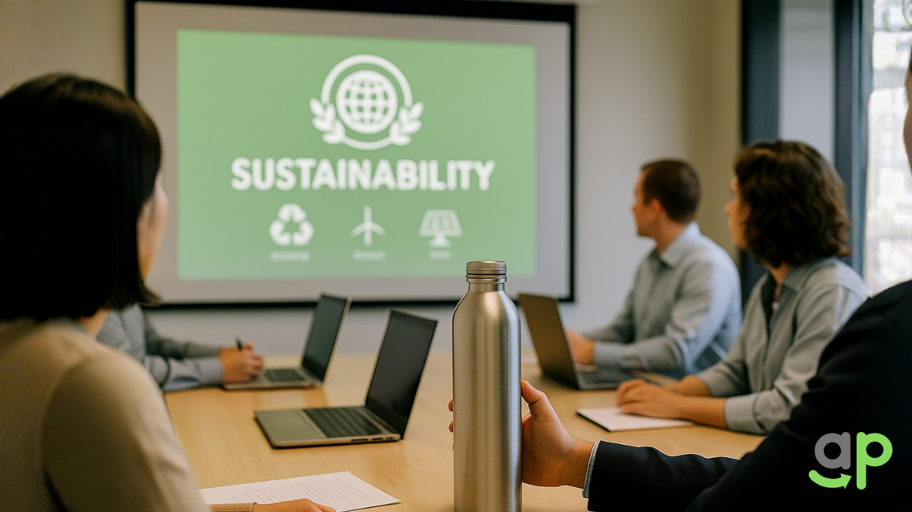 A group of colleagues sitting around a table discussing sustainability topics during a meeting.