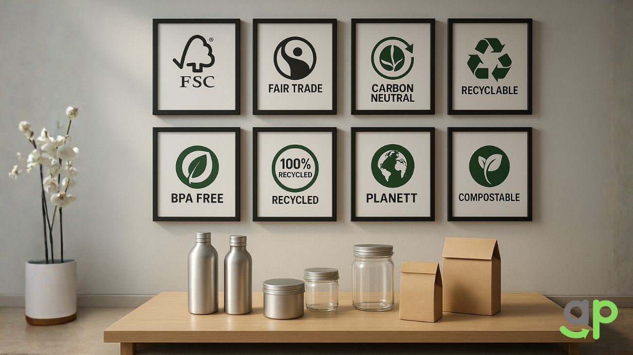 A wall displaying various sustainability certification plaques and awards